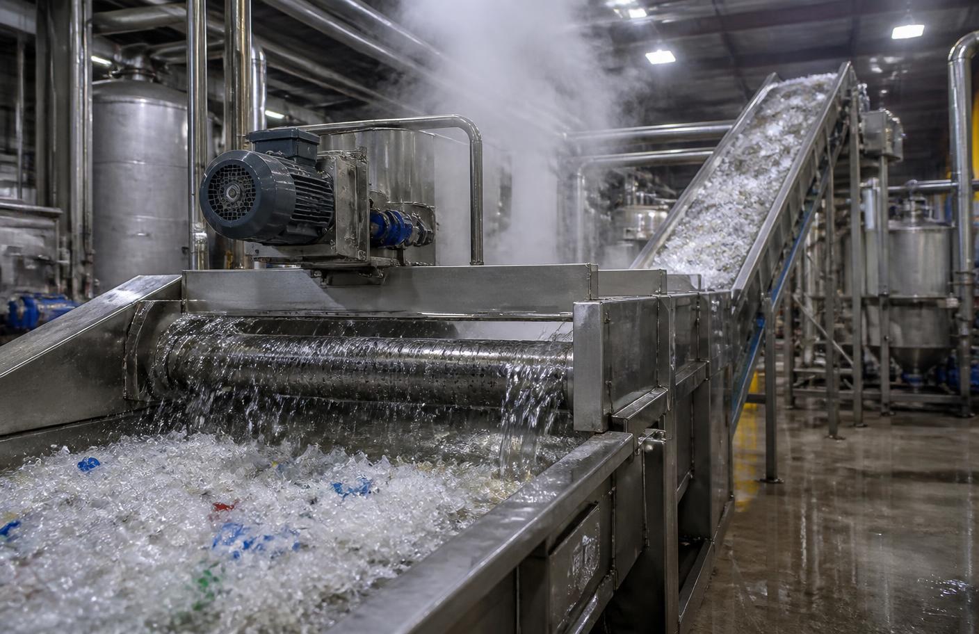 Industrial hot wash line in operation, stainless steel tanks, steam and conveyor belts carrying plastic