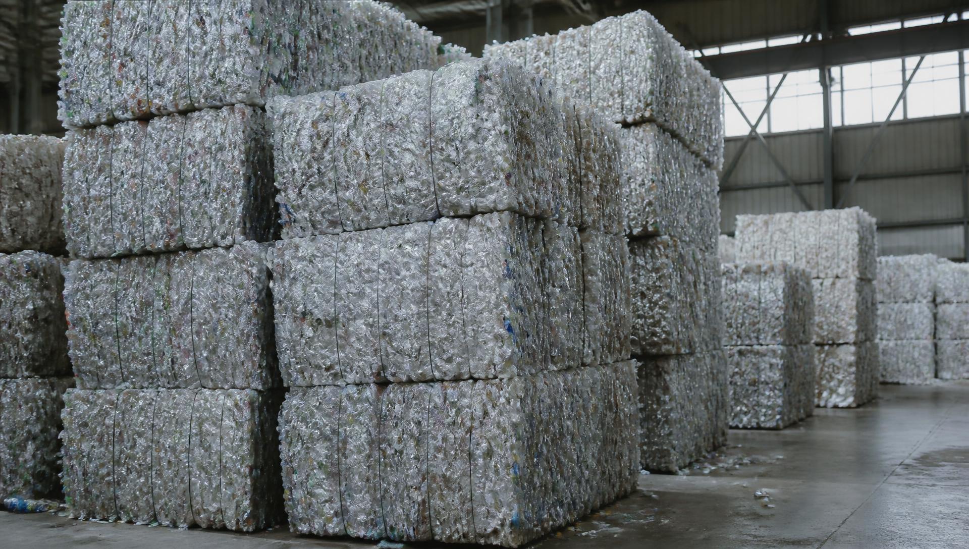Compressed bales of clear PET bottles stacked inside an industrial warehouse under natural daylight