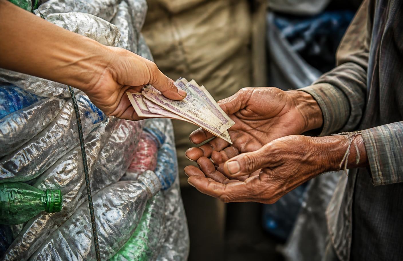 Close-up of hands receiving cash banknotes beside bagged collected plastic material, no faces visible