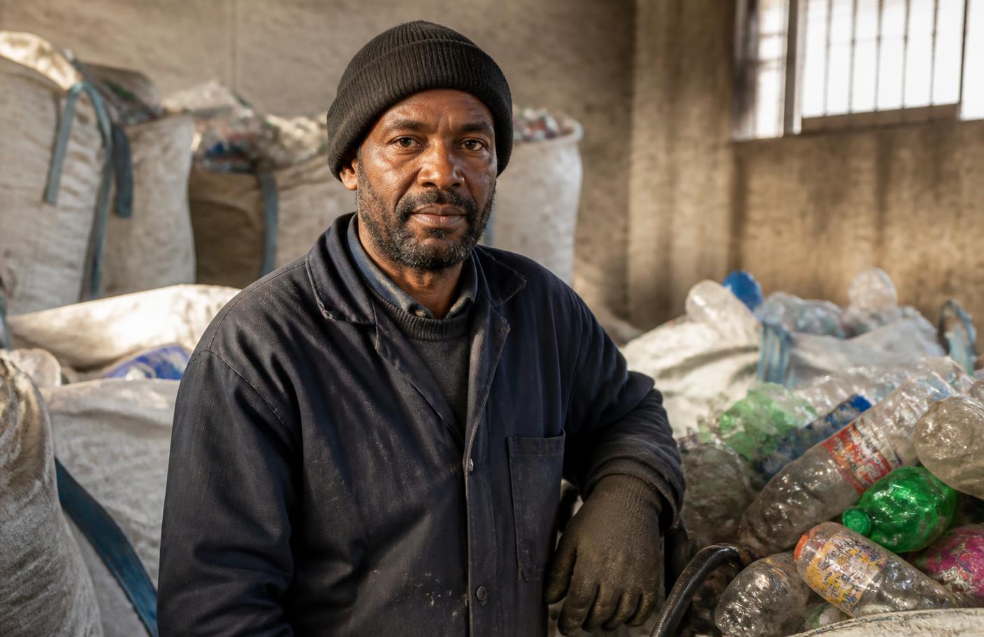 Portrait of a collection centre worker in work clothes standing among bagged sorted plastic material